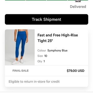 Lululemon Fast and Free Symphony Blue size 10
